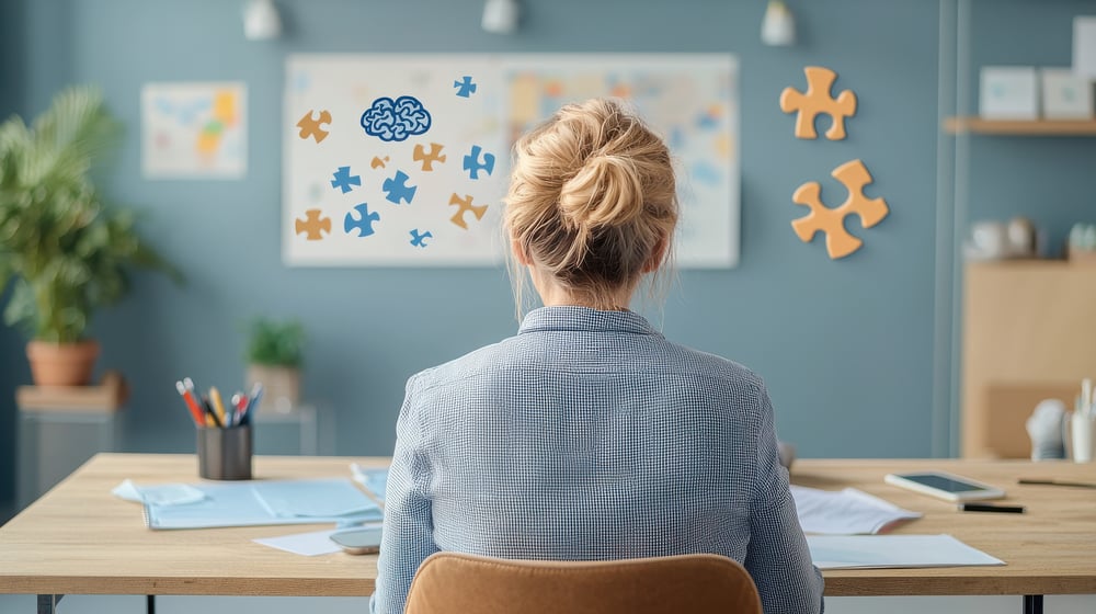 A woman sitting at a desk
