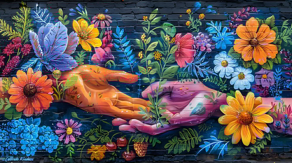 Painting of two touching hands on a flowery, colorful background symbolising empathy.