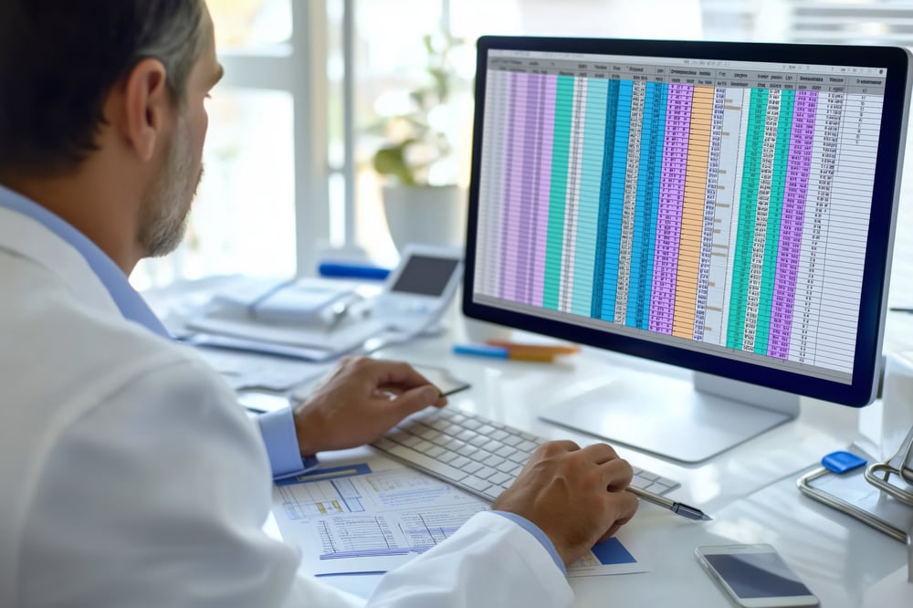 a medical coder in front of a computer screen