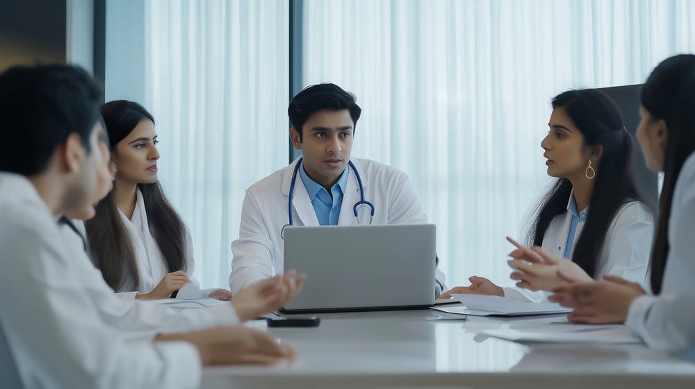 Group of medical professionals gathered in conference room with laptop, led by young team leader ,considering patient case together