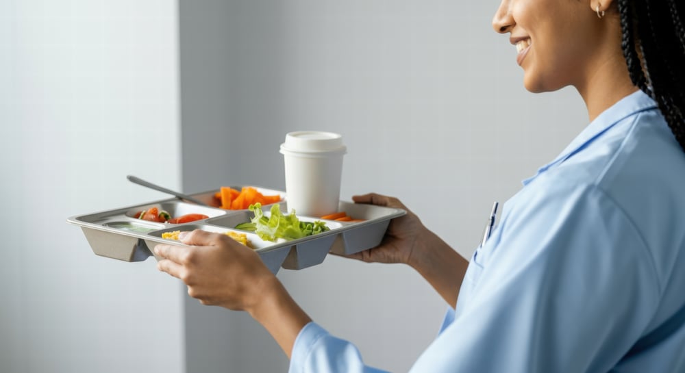 a patient service worker delivering food