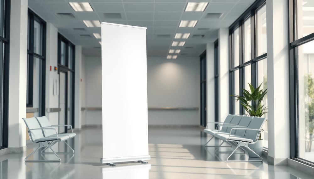 Empty roll-up banner stand in a bright waiting area