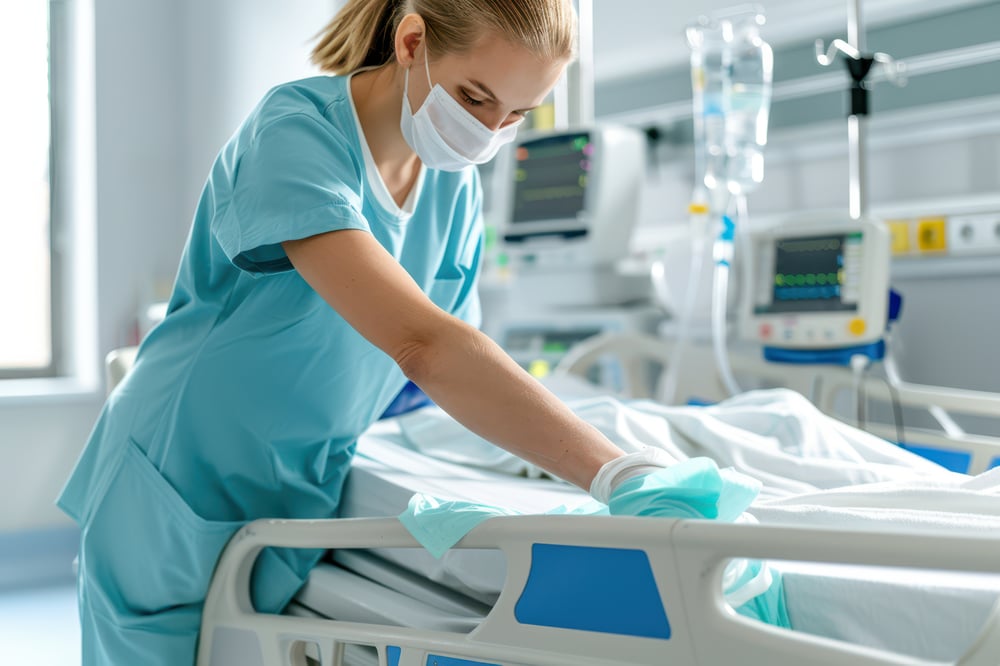 a sanitation professional cleaning a hospital bed