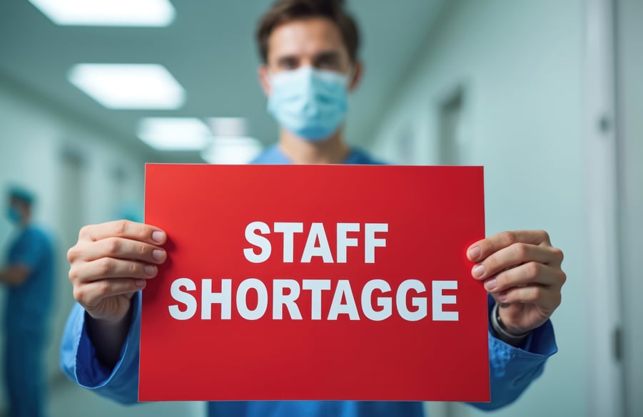 Healthcare worker holding red sign Staff Shortage in hospital corridor.